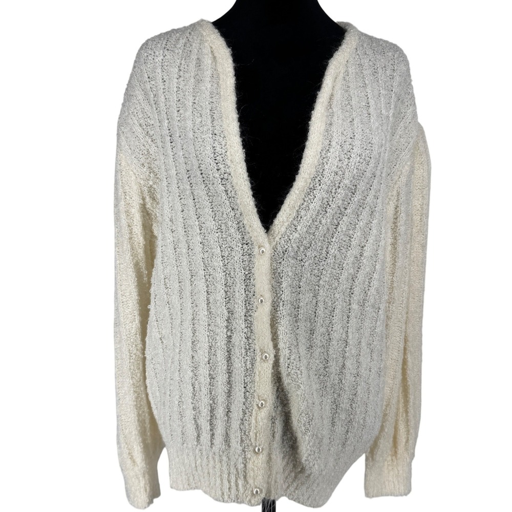 Vintage Womens Boucle Knit Pearl Button Cardigan Sweater 2X Cream‎ Puff Sleeve